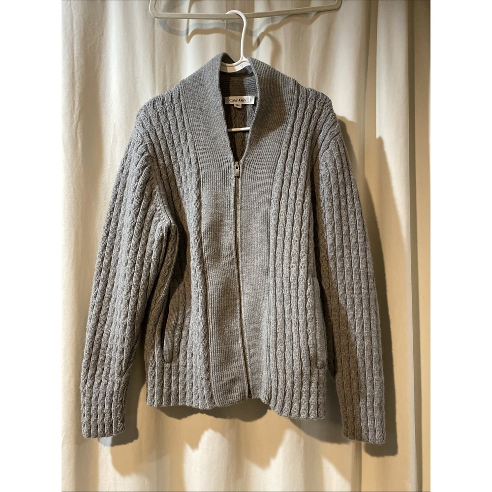 Calvin Klein Large 100% Merino Wool V Neck Cardigan Zipper Pockets Cable Men L